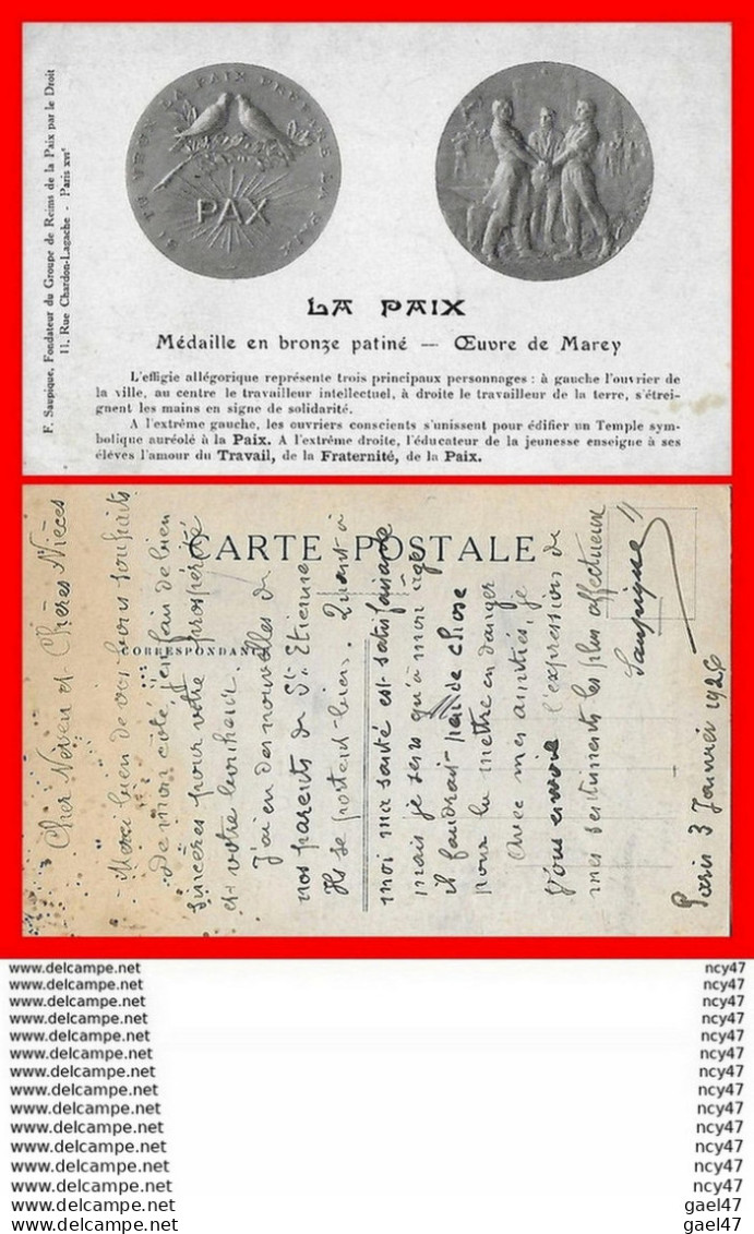 CPA ARTS. La Paix, Médaille (Oeuvre De Marey) F.Saupique Fondateur Du Groupe De Reims De La Paix Par Le Droit...CO1143 - Kunstvoorwerpen