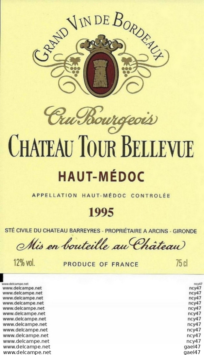 Etiquettes De Vin. Château TOUR BELLEVUE 1995  (Haut-Médoc, Cru Bourgeois). ..I 101 - Bordeaux