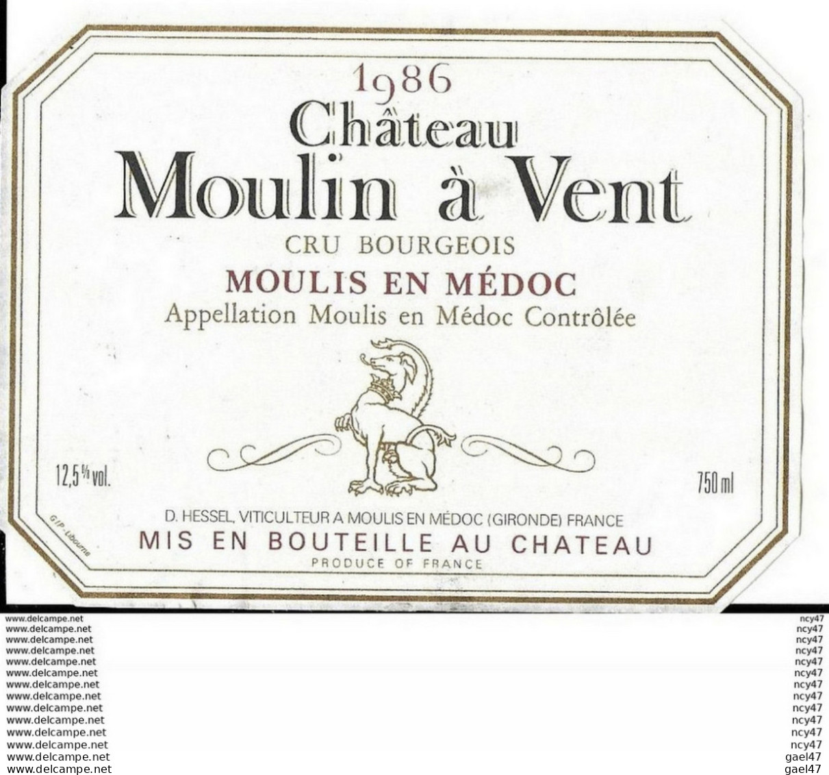 Etiquettes De Vin.  Château MOULIN A VENT 1986  (Moulis En Médoc).  D. Hessel. ..I 067 - Bordeaux