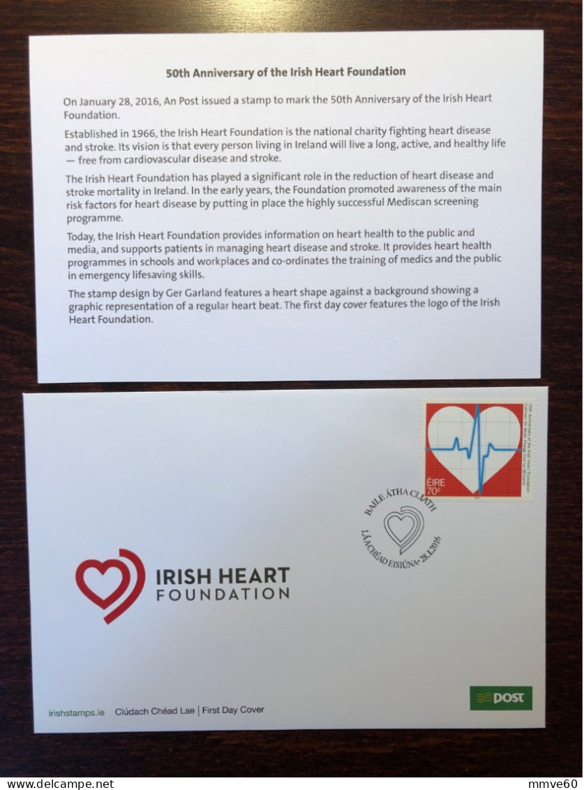 IRELAND FDC COVER 2016 YEAR CARDIOLOGY HEART HEALTH MEDICINE STAMPS - FDC