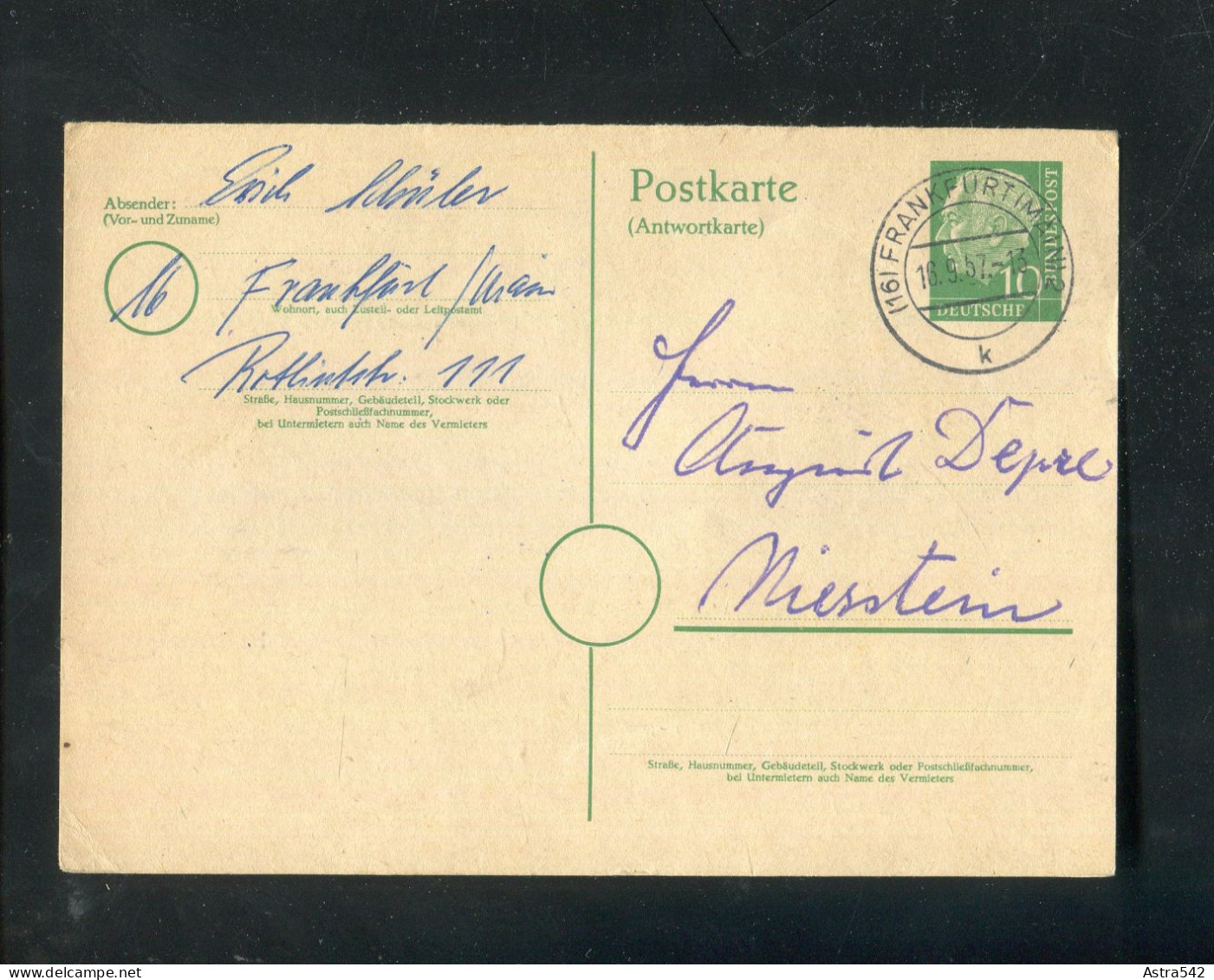 "BUNDESREPUBLIK DEUTSCHLAND" 1957, Postkarte (Antwortteil) Mi. P 28A Stegstempel "FRANKFURT" (A0060) - Postkarten - Gebraucht