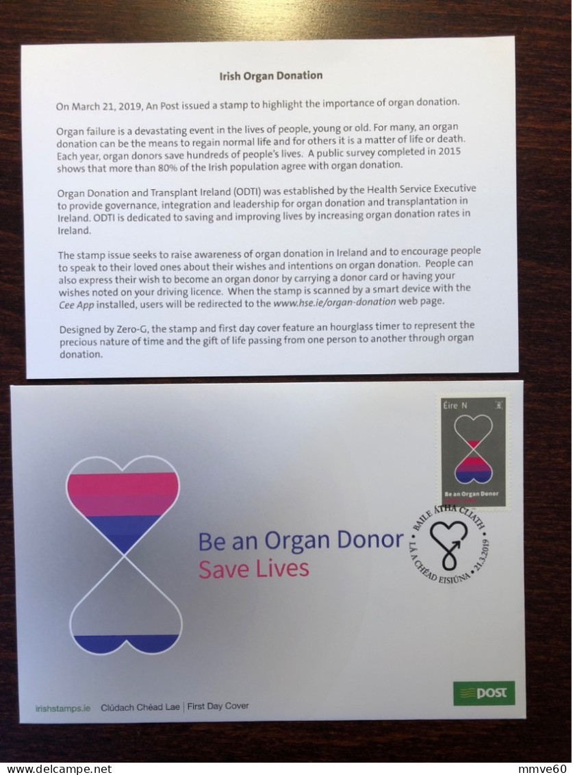 IRELAND FDC COVER 2019 YEAR ORGAN DONORS DONATION HEALTH MEDICINE STAMPS - FDC