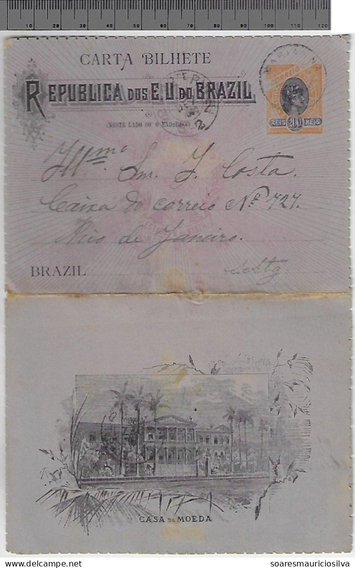 Brazil 1900 Postal Stationery Letter Sheet 200 Réis From Mariana To Rio De Janeiro (catalog US$50) - Postal Stationery