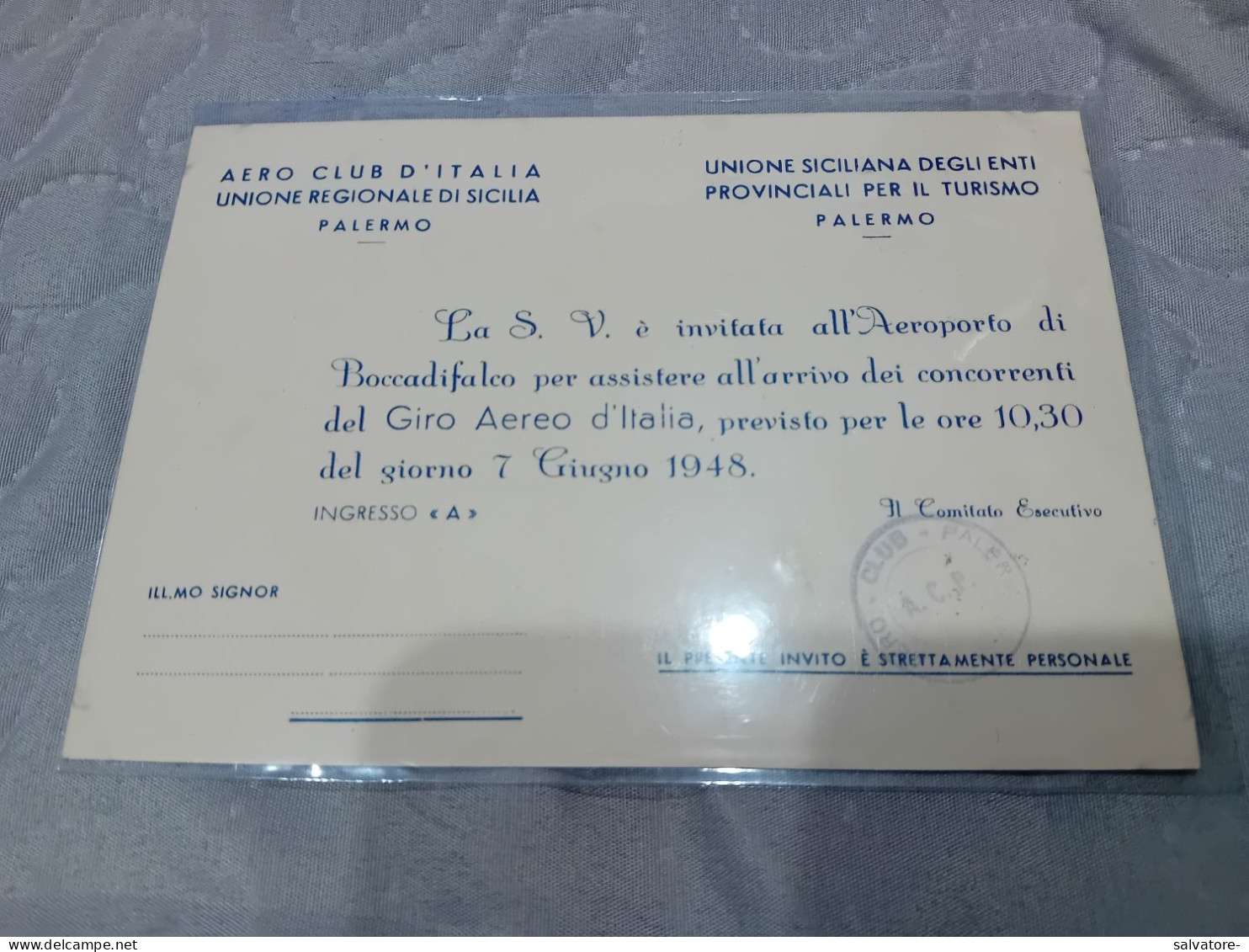 AEREOPORTO BOCCADIFALCO (PA) INVITO ARRIVO DEL GIRO DITALIA 1948 - Materiale Promozionale