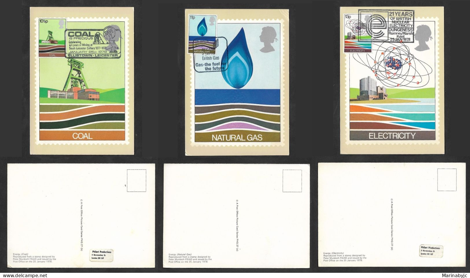 SE)1978 GREAT BRITAIN, 3 MAXIMUM CARDS ENERGY RESOURCES, COAL, NATURAL GAS, ELECTRICITY, XF - Nuovi