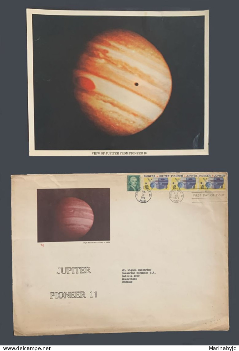 SE)1975 UNITED STATES, POSTCARD VIEW OF JUPITER FROM PIONEER 10, SPACE MISSIONS, PIONEER 10, CIRCULATED TO MONTEVIDEO- U - Gebruikt