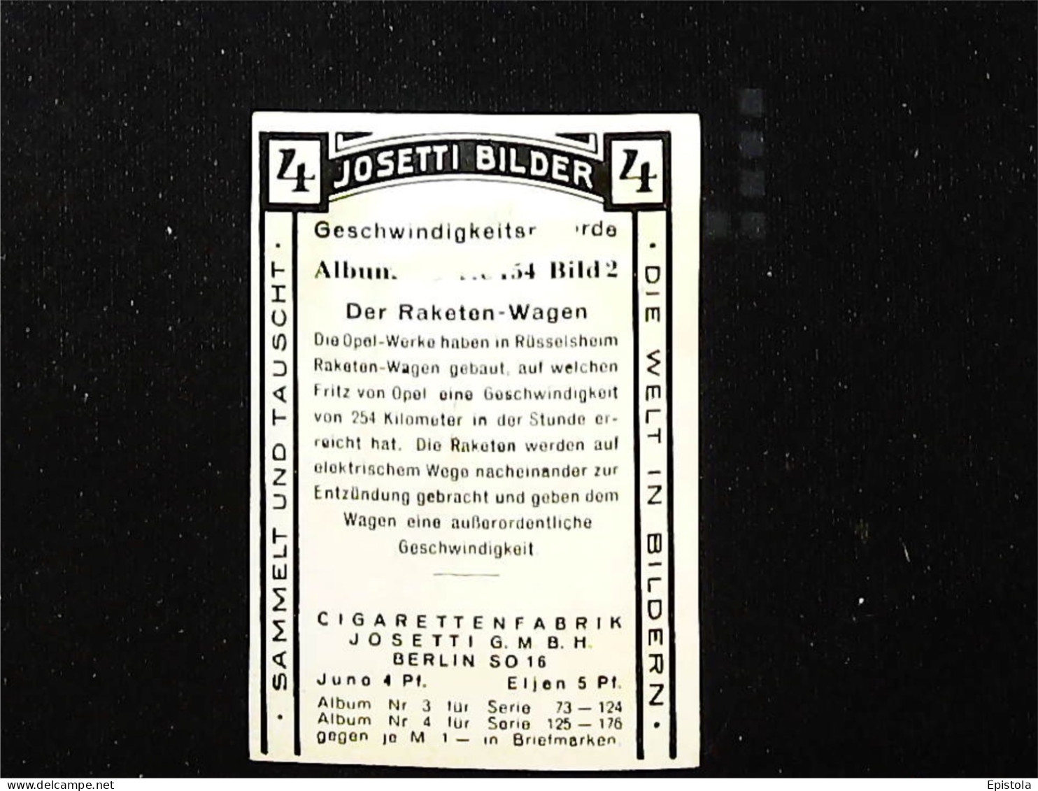 ► Bolide- Fusée  OPEL  "SANDER RAKETE"   - Chromo-Image Cigarette Josetti Bilder Berlin Album 4 1920's - Zigarettenmarken