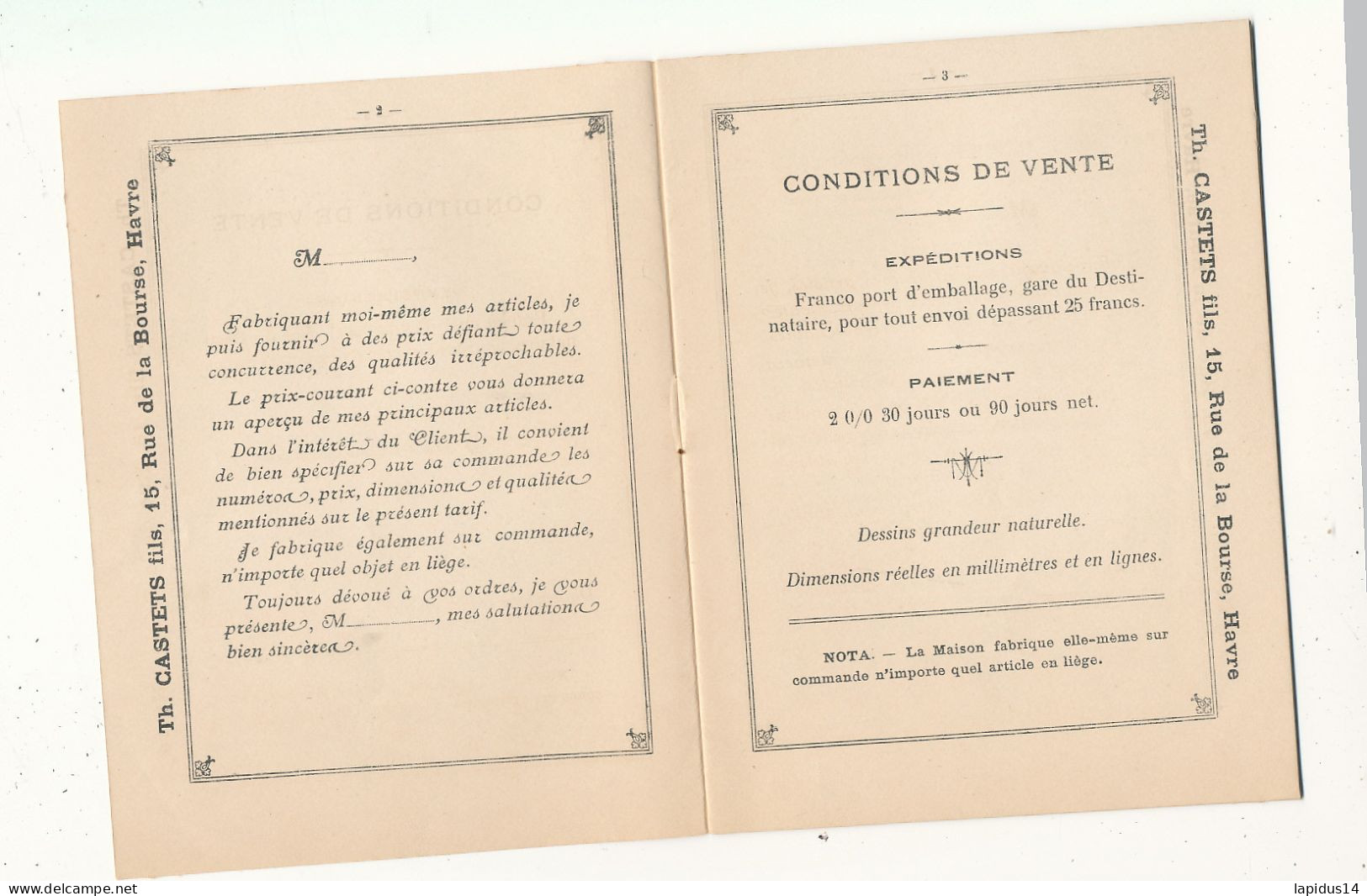 PUB     DEPLIANT  FABRIQUE DE BOUCHONS A TOSSE  LANDES  TH. CASTETS FILS  LE HAVRE      (16,00 CM X12,00 CM ) - Pubblicitari