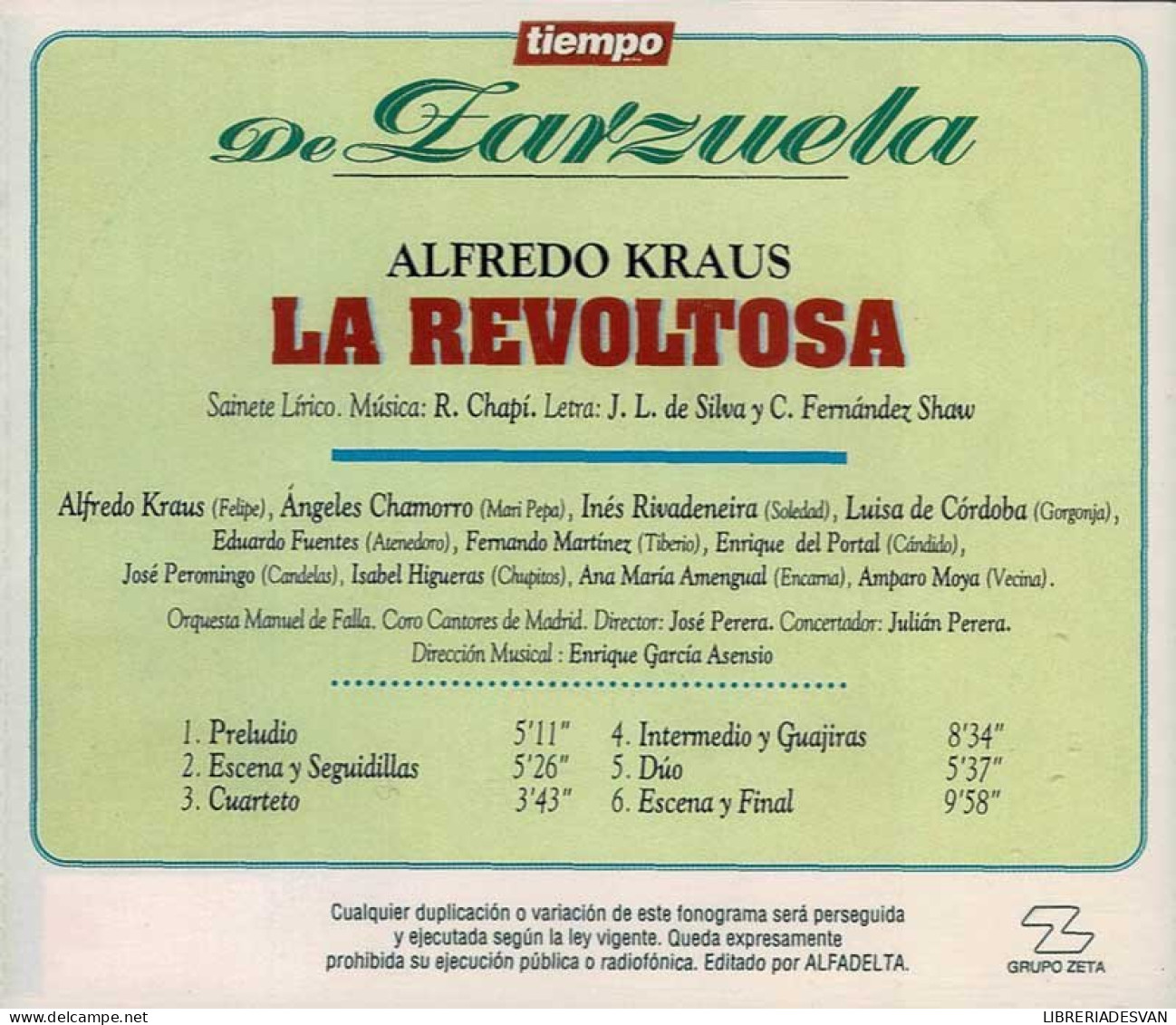 Alfredo Kraus - Tiempo De Zarzuela 1. La Revoltosa. CD - Clásica