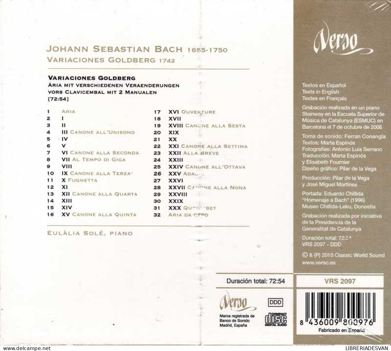 Johann Sebastian Bach, Eulalia Solé - Variaciones Goldberg. CD - Clásica