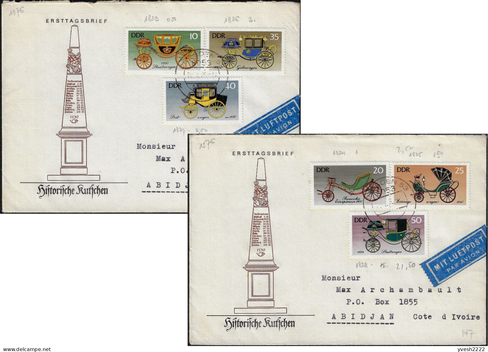 Allemagne De L'Est DDR 1976 Y&T 1823 à 1828 Sur 2 Lettres Pour Abidjan. Calèches Historiques Sans Chevaux - Kutschen