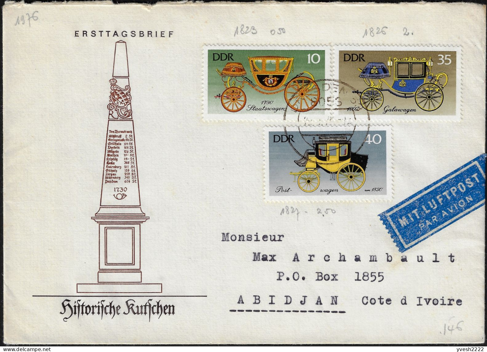 Allemagne De L'Est DDR 1976 Y&T 1823 à 1828 Sur 2 Lettres Pour Abidjan. Calèches Historiques Sans Chevaux - Kutschen