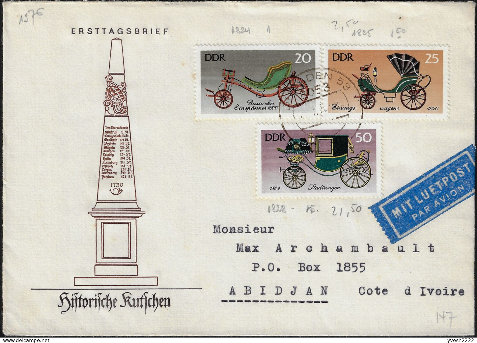 Allemagne De L'Est DDR 1976 Y&T 1823 à 1828 Sur 2 Lettres Pour Abidjan. Calèches Historiques Sans Chevaux - Diligences