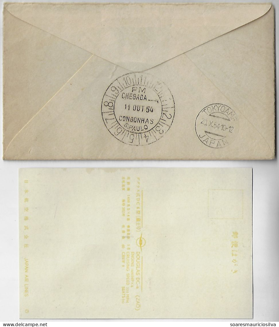 Brazil 1954 Cover Japan Air Lines Inaugural Flight Tokyo São Paulo Rio De Janeiro + Postcard Airplane Douglas DC-4 - Storia Postale