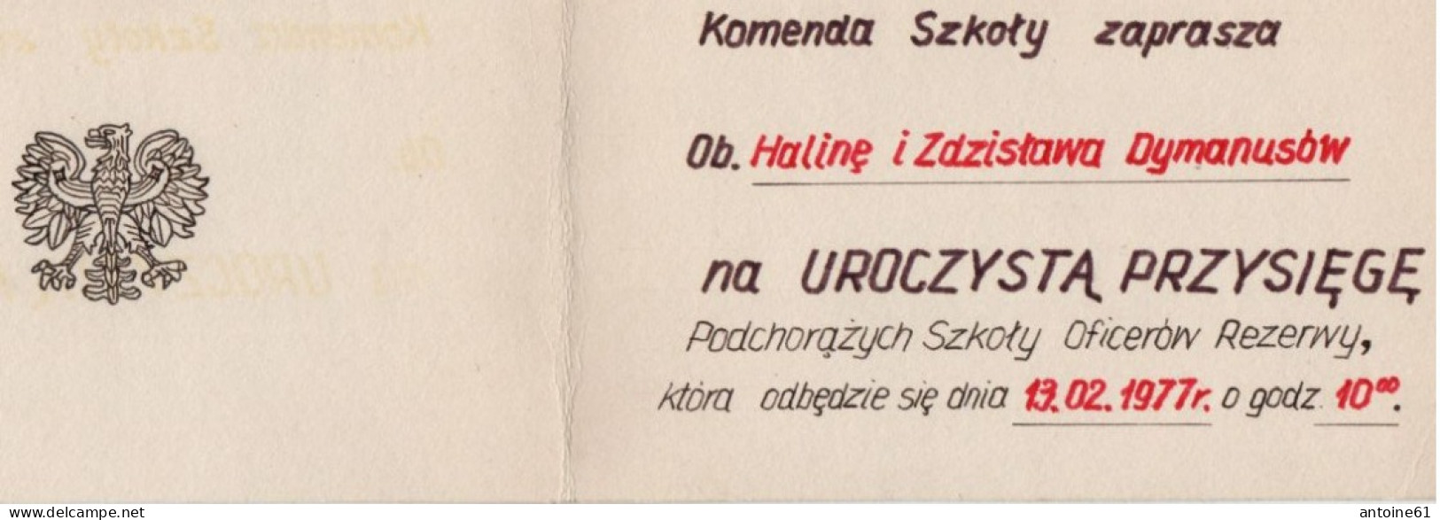 WARSZAWA -- ZAPROSZENIE  à L'école Automobile Des Officiers Par Le Géneral Waszkiewicza Pour Prestation De Serment - Polonia