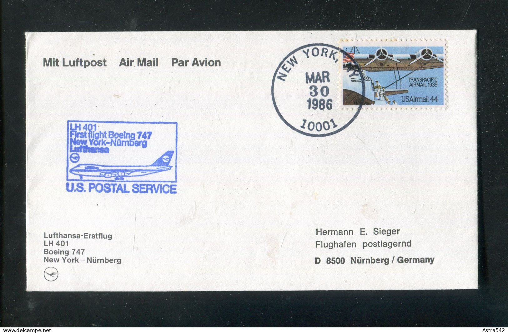 "USA" 1986, Erstflugbrief LH 401 Mit Boeing 747 "New York-Nuernberg" (A0071) - 3c. 1961-... Lettres