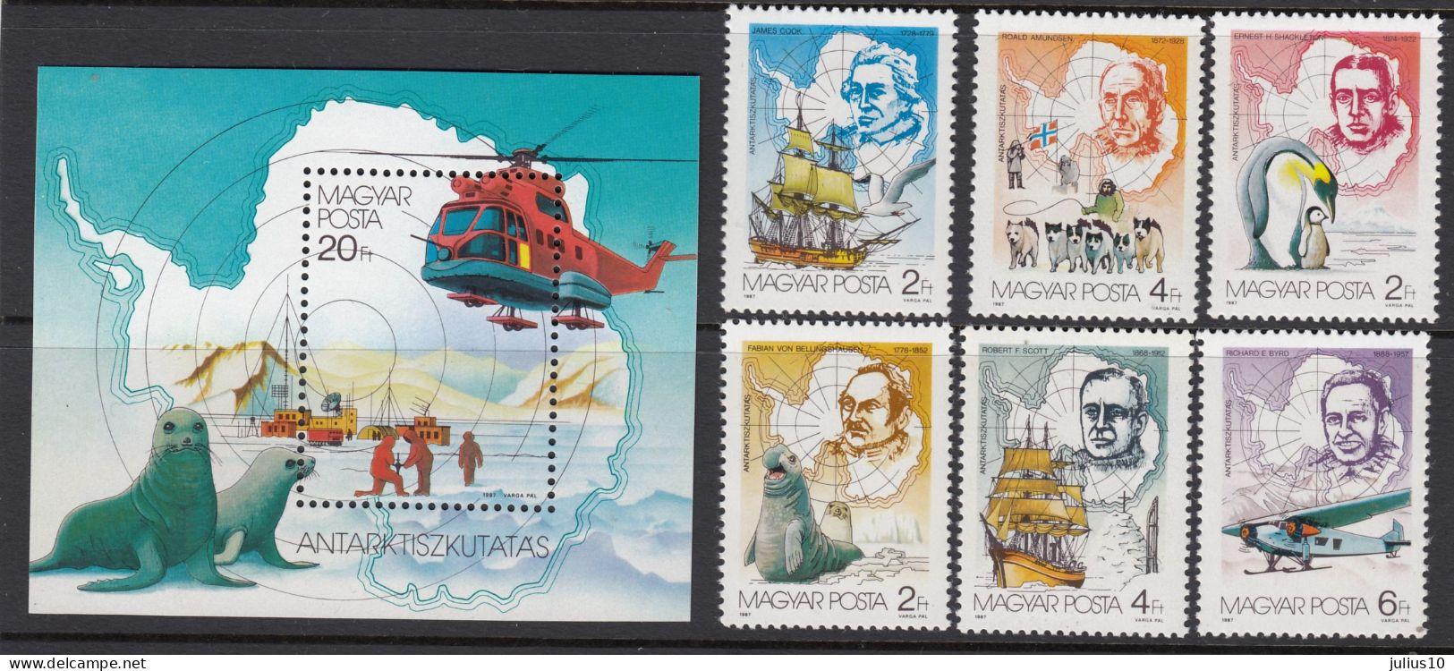 HUNGARY 1987 Antarctic Treaty Explorers Fauna Ships MNH(**) Mi 3907-3912 Bl 190 #Ship138 - Tratado Antártico