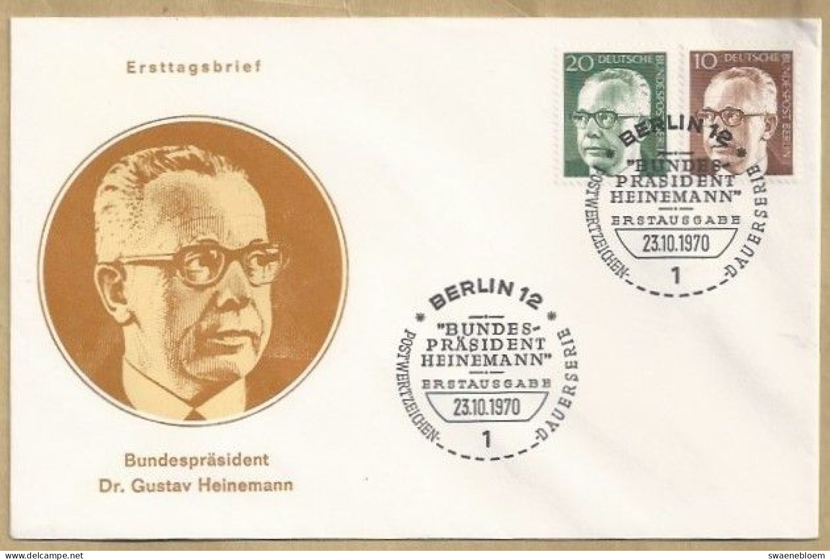 DE.- ERSTTAGSBRIEF. BUNDESPRASIDENT Dr. GUSTAV HEINEMANN. ERSTAUSGABE. 23.10.1970. POSTWERTZEICHEN DAUERSERIE. BERLIN 12 - 1948-1970