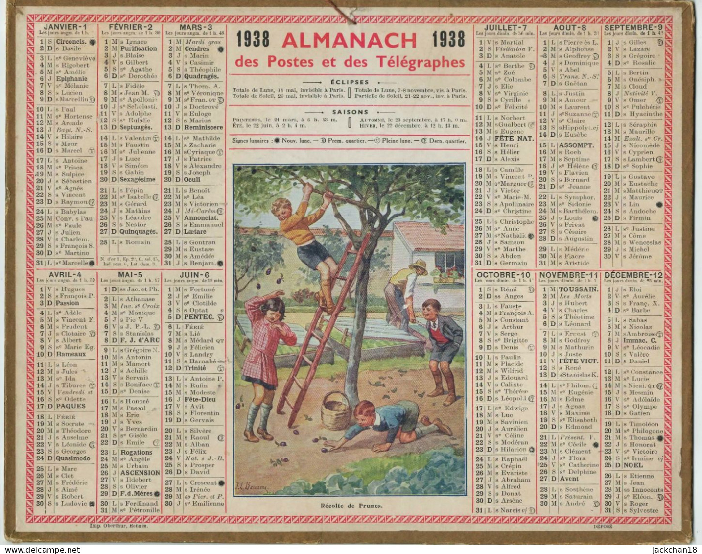 -- ALMANACH Des POSTES  Et Des TELEGRAPHES 1938 / RECOLTE DE PRUNES -- - Grossformat : 1921-40