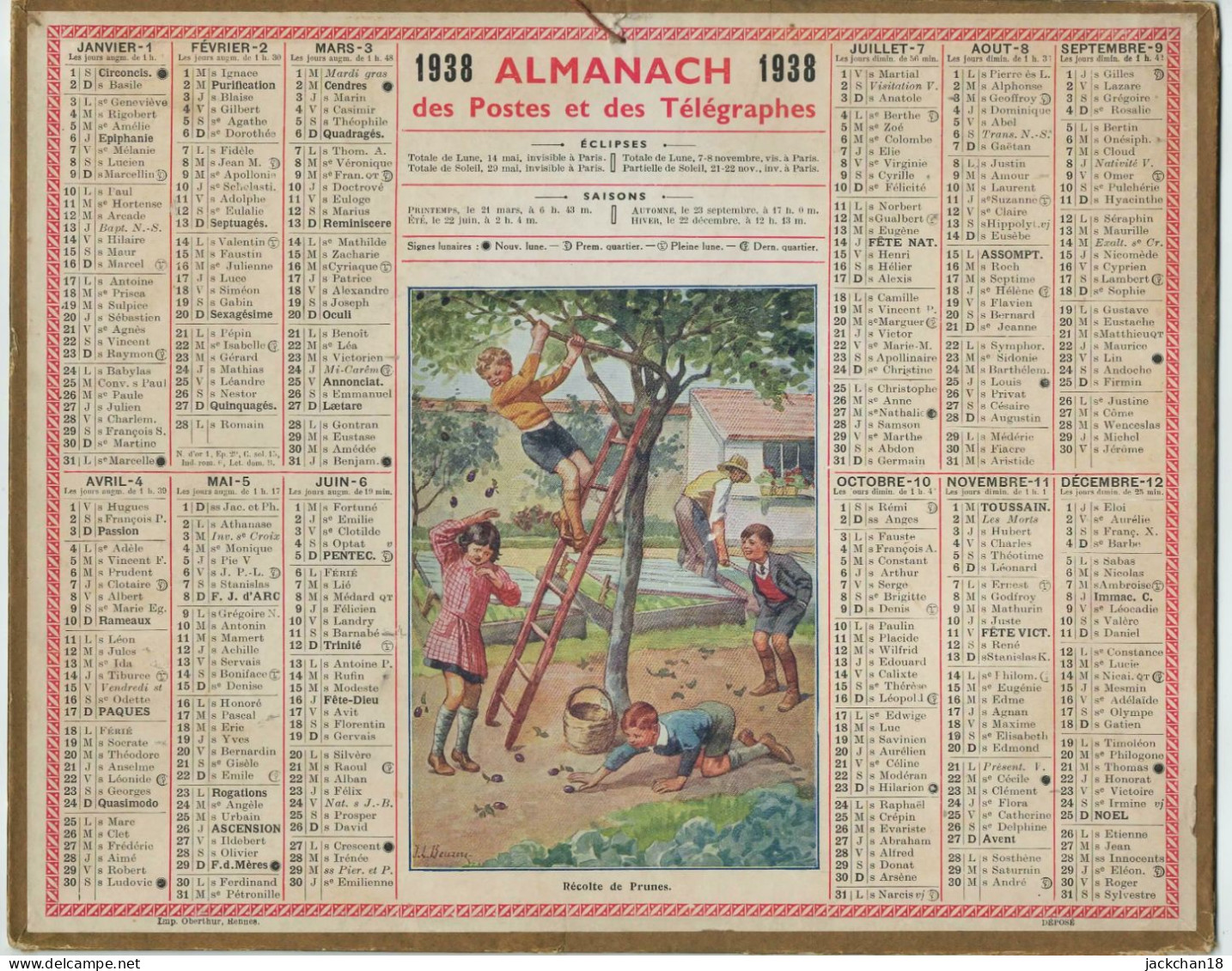 -- ALMANACH Des POSTES  Et Des TELEGRAPHES 1938 / RECOLTE DE PRUNES -- - Tamaño Grande : 1921-40