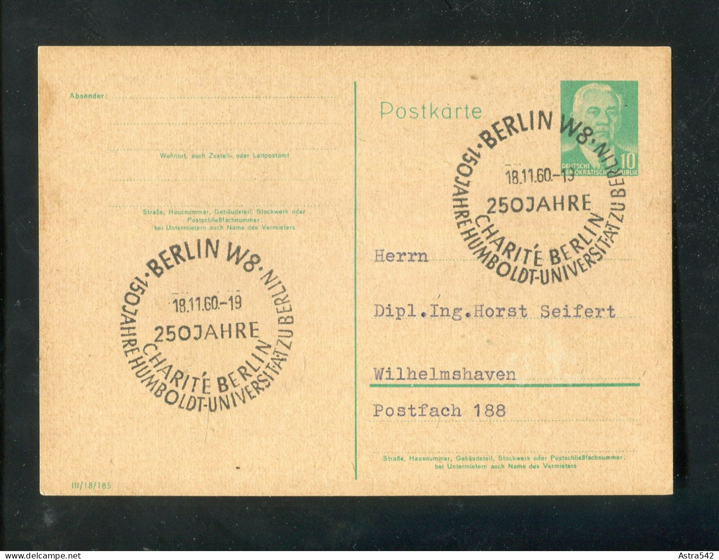 "DDR" 1960, 2 Versch. SSt. "BERLIN, 150 Jahre Humboldt-Universitaet Und 250 Jahre Charite" Auf Postkarte (A0076) - Postkarten - Gebraucht