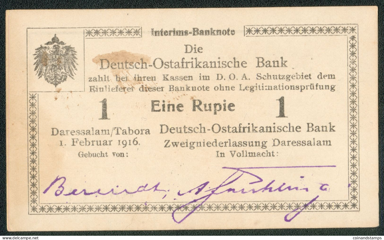 German East Africa 1 Rupie 1916 Rosenberg Nr.928s RARITÄT, II- - Deutsch-Ostafrikanische Bank