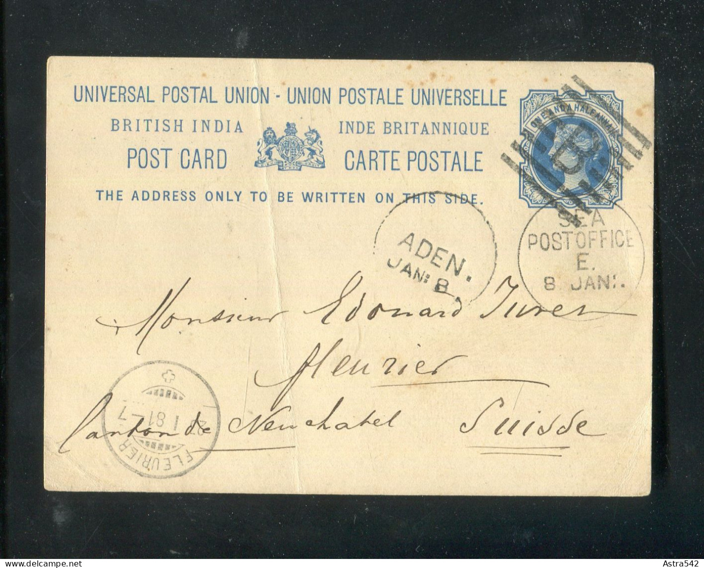 "INDIEN" 1881, "SEEPOST", Postkarte Mit U.a. Stempel "SEA POSTOFFICE" In Die Schweiz (A0079) - Postcards