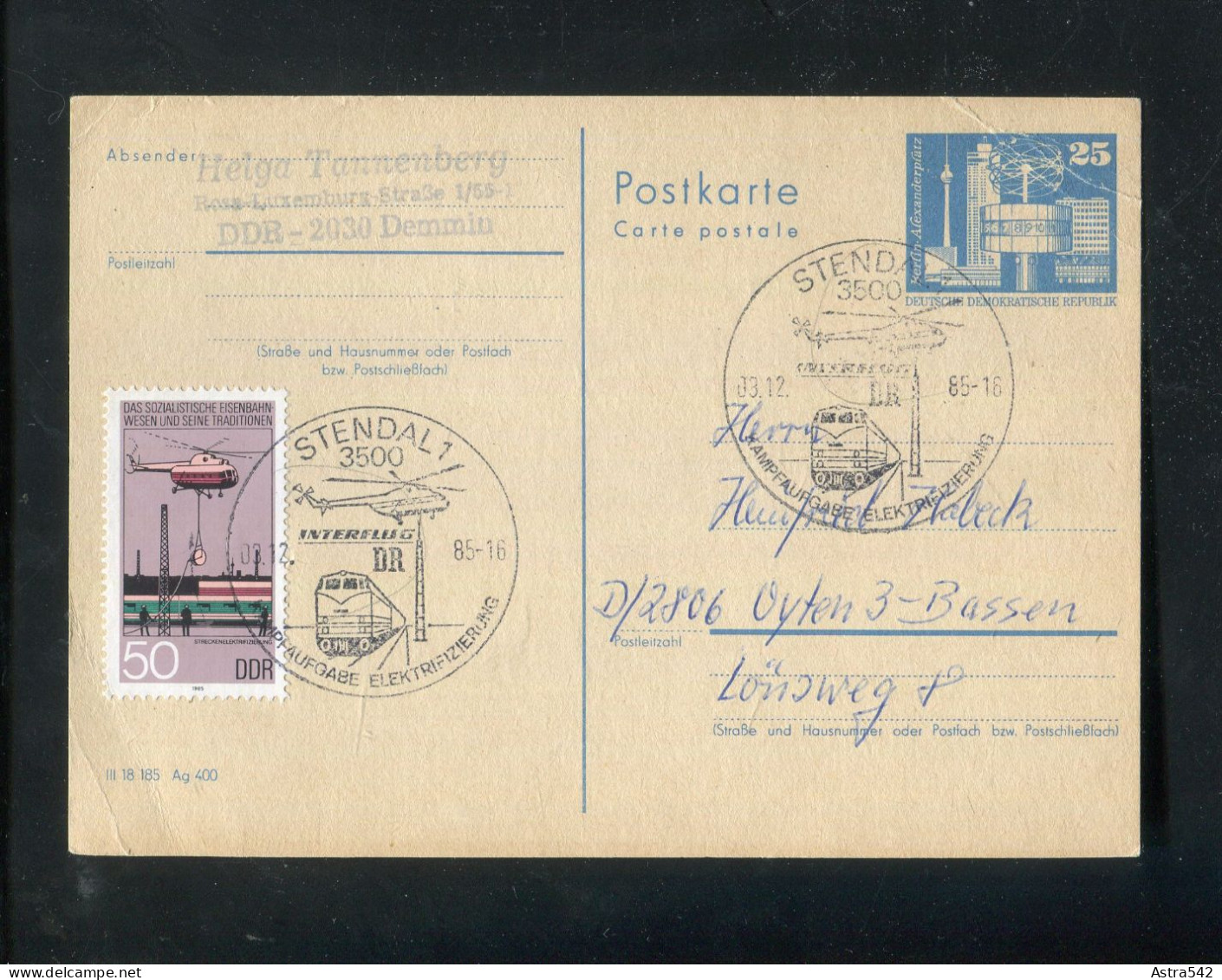 "DDR" 1985, Postkarte Mi. P 80 SSt. "STENDAL, Kampfaufgabe Elektrifizierung" (A0081) - Cartes Postales - Oblitérées