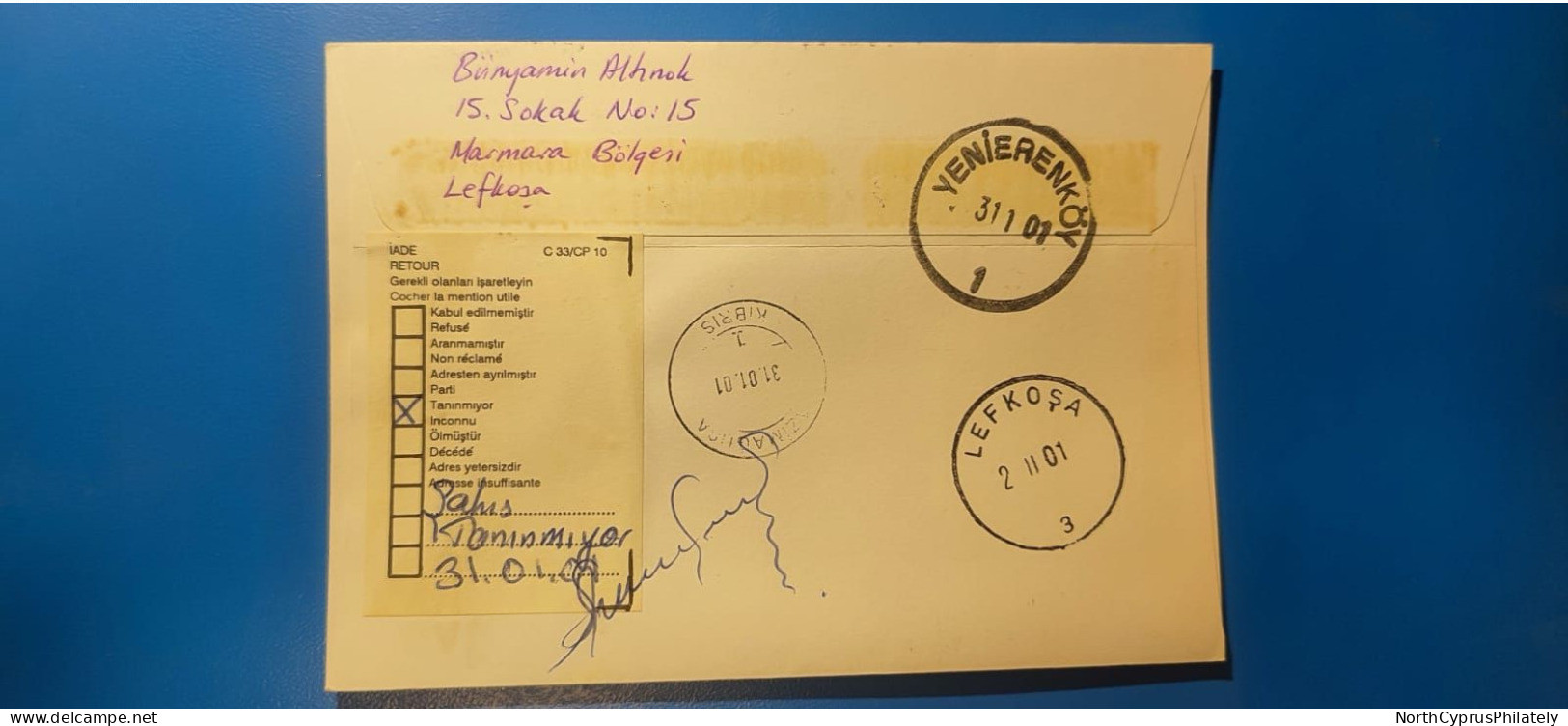 2001 - 200 TURKISH CYPRUS ZYPERN CIPRO "Postal Tax TAKSE " Cover , VERY RARE - Briefe U. Dokumente