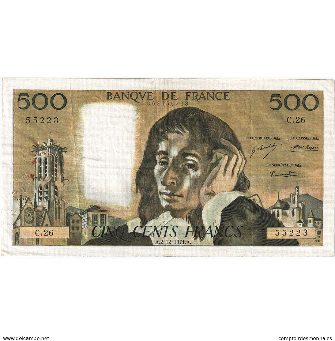 France, 500 Francs, Pascal, 1971, C.26, TB+, Fayette:71.7, KM:156b - 500 F 1968-1993 ''Pascal''