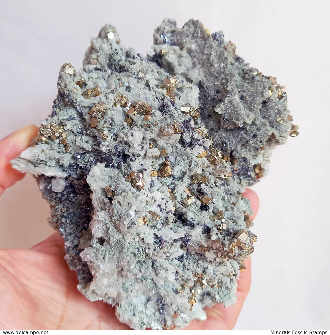 #AUG04.04 Schöne PYRIT, Quarz, Calcit Kristalle (Sadovoe Mine, Dalnegorsk, Primorskiy Kray, Russland) - Minerales