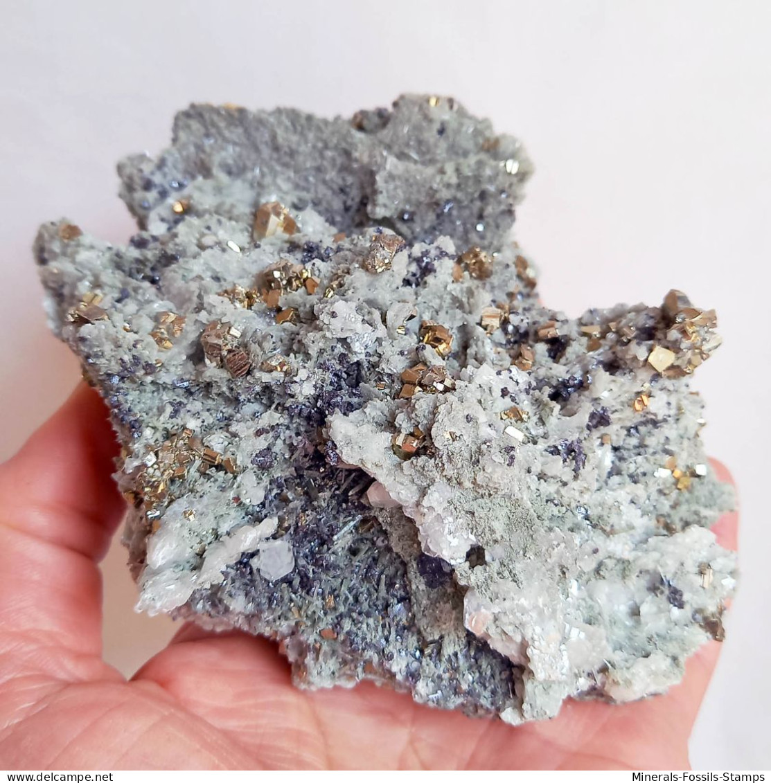 #AUG04.04 Schöne PYRIT, Quarz, Calcit Kristalle (Sadovoe Mine, Dalnegorsk, Primorskiy Kray, Russland) - Minerales