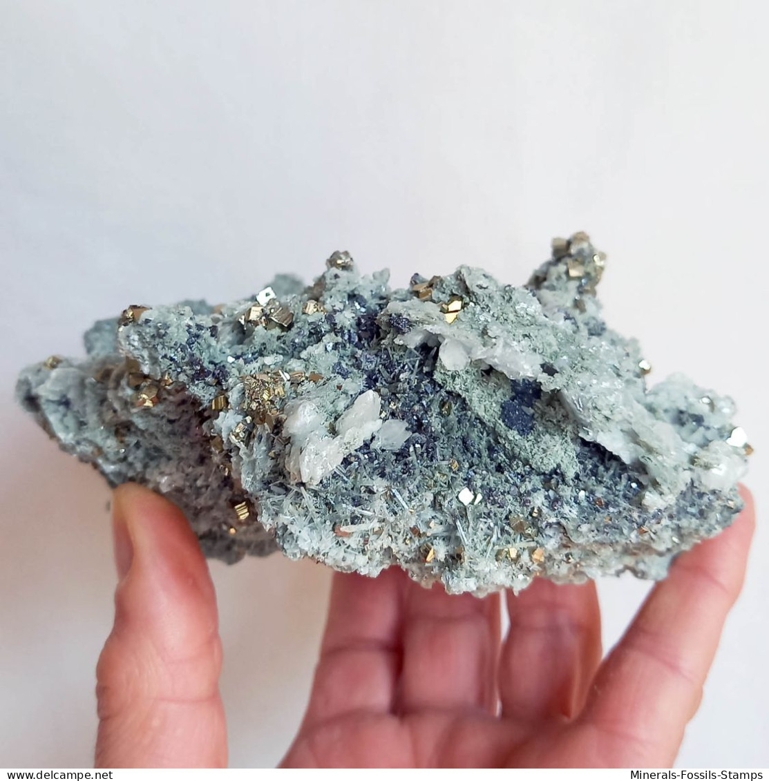 #AUG04.04 Schöne PYRIT, Quarz, Calcit Kristalle (Sadovoe Mine, Dalnegorsk, Primorskiy Kray, Russland) - Minéraux