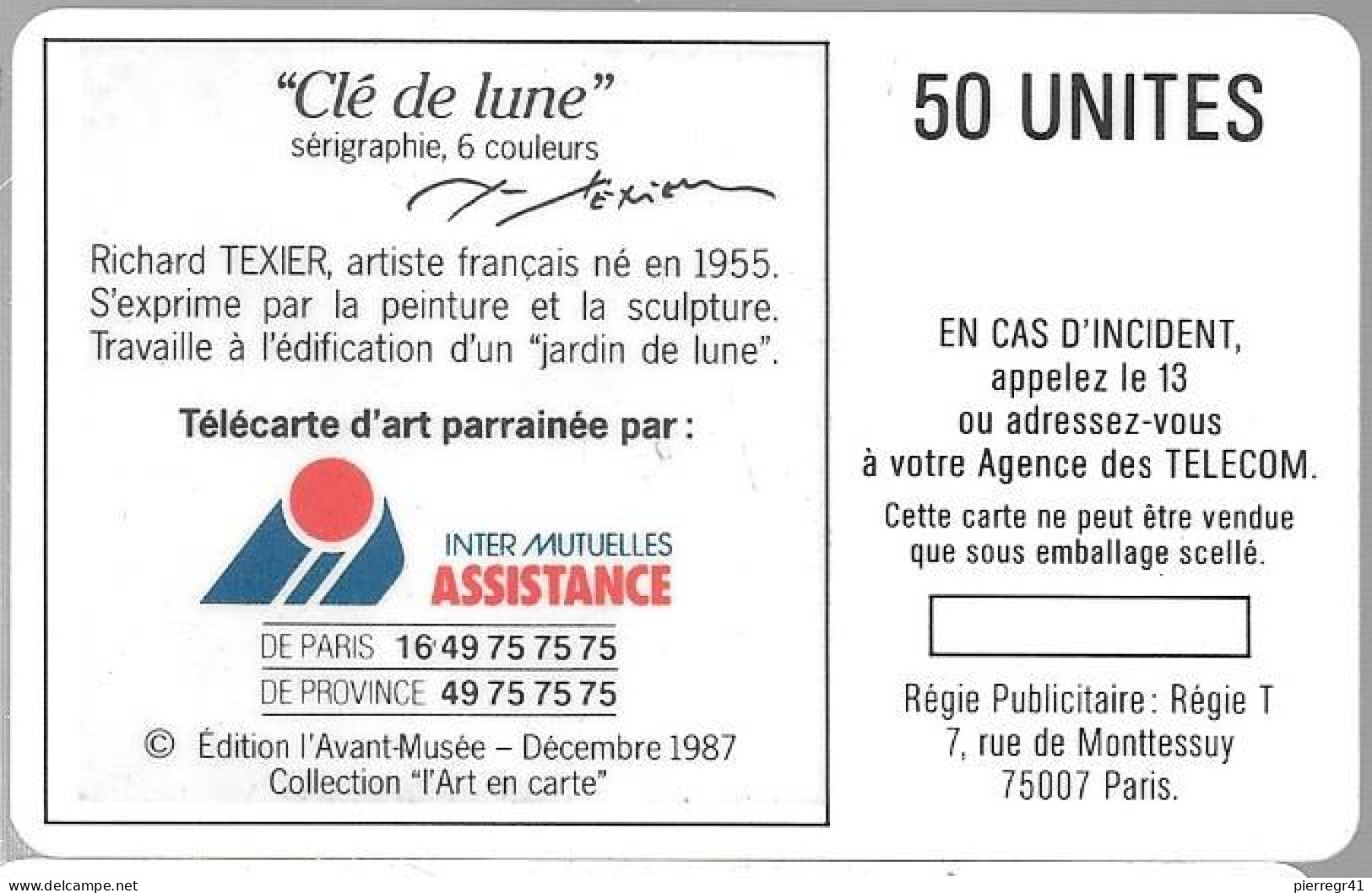 CARTE²°-PUBLIC-1987-F16a-BUL1-50U-CLE DE LUNE-V° Point Apres Télécom-Utilisé-TB E- - 1987