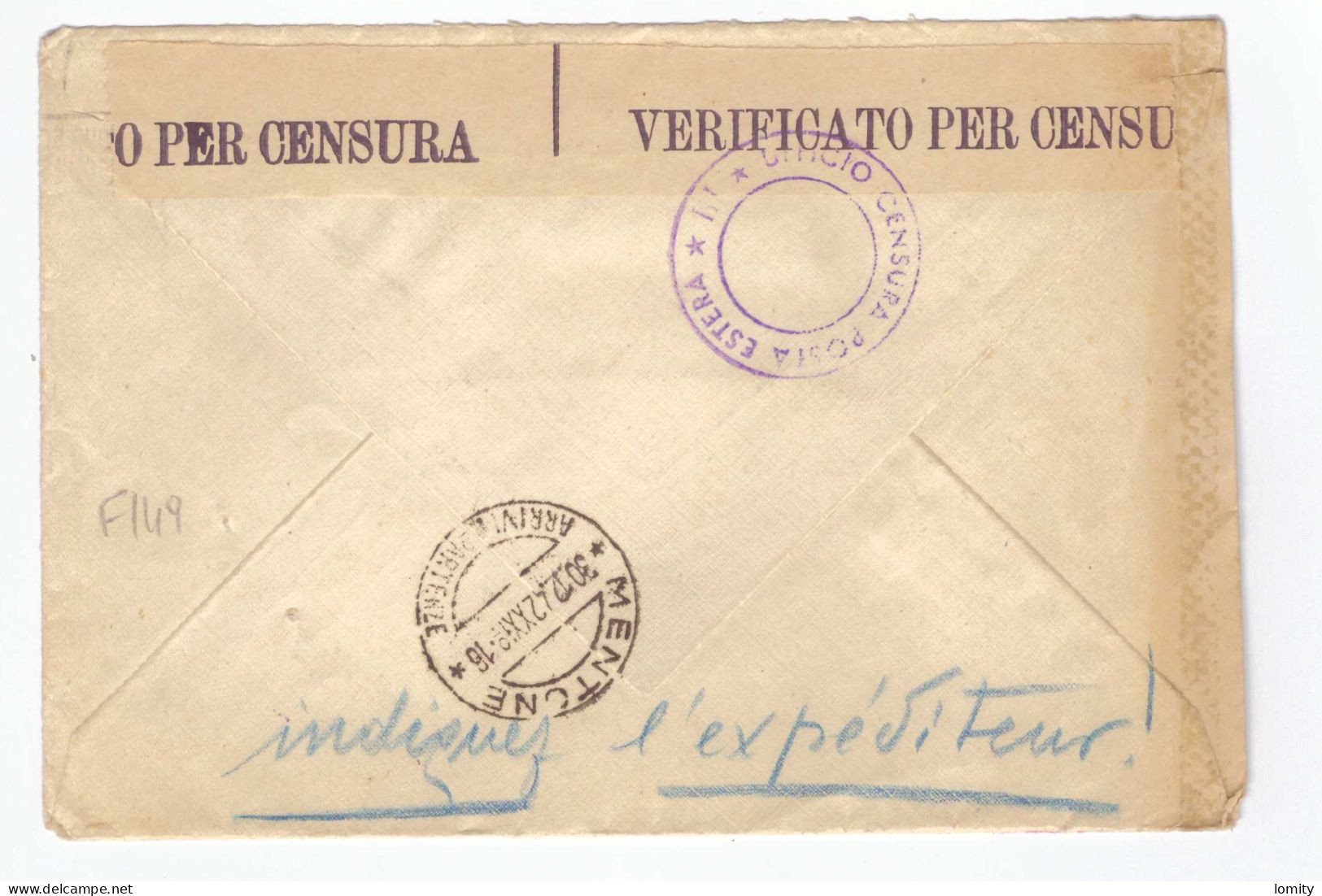 Occupation Italienne En France 1942 Menton Mentone Cachet Bandeau Censure Censura Cachet Posta Estera - Sonstige & Ohne Zuordnung