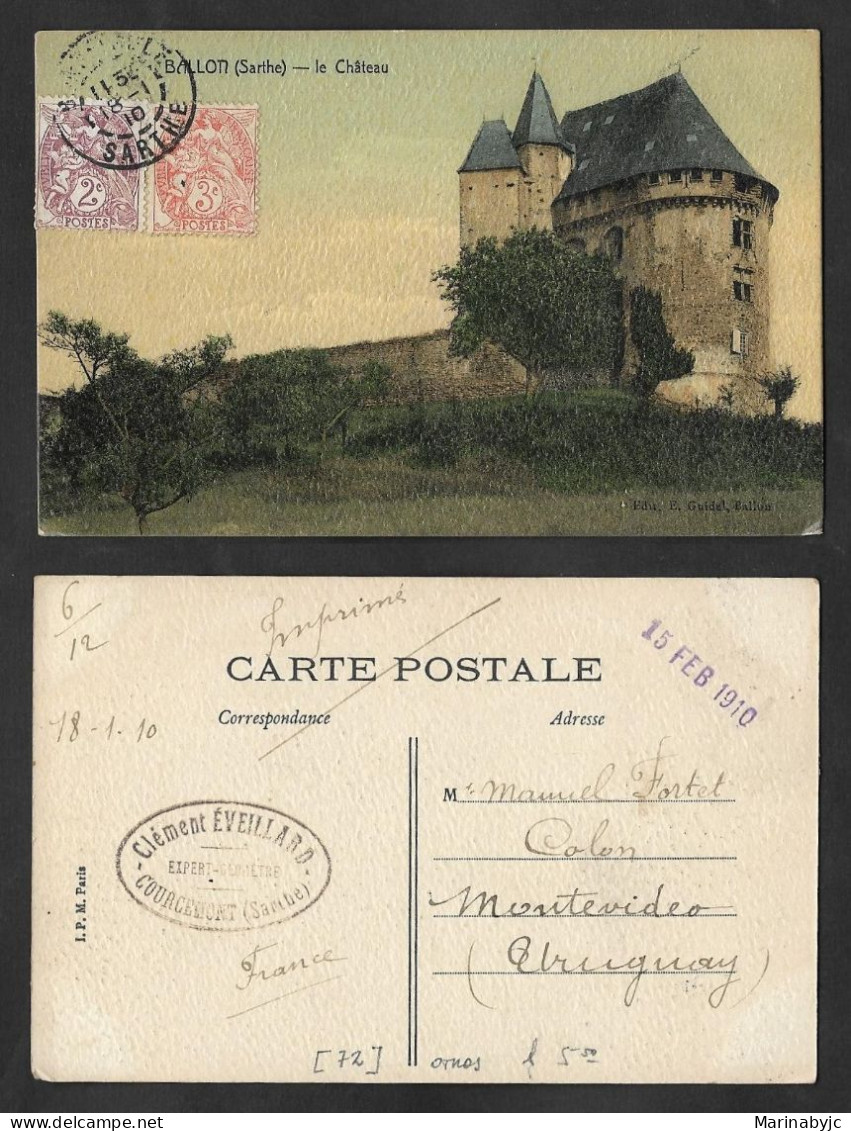 SE)1910 FRANCE, BALLON-SARTHE CASTLE POSTCARD, PAIR ALLEGORY ON THE FRONT, CIRCULATED TO MONTEVIDEO - URUGUAY, VF - ....-1700: Precursors