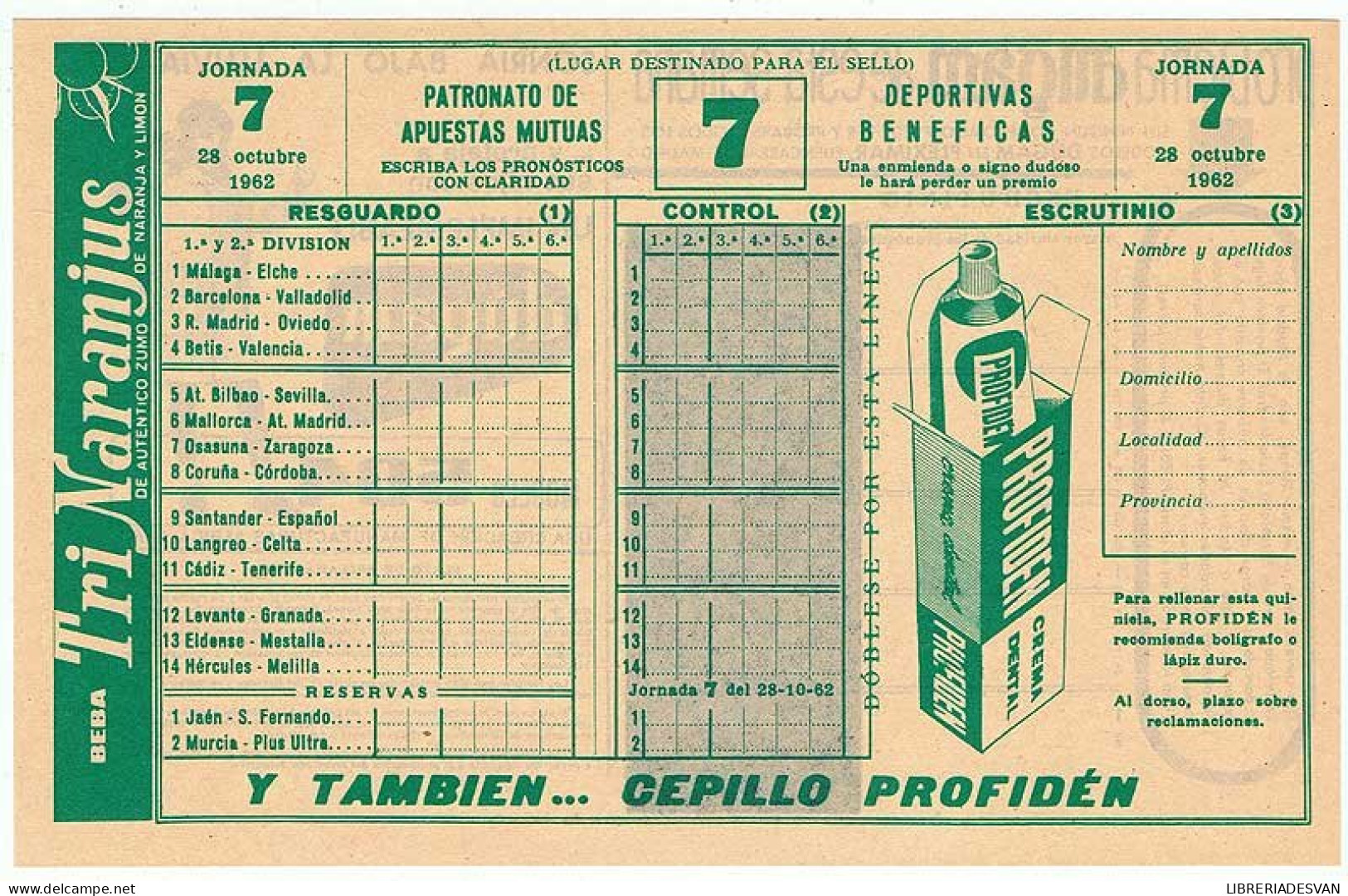 Quiniela 28-10-1962. Jornada 7. Plancha - Autres & Non Classés