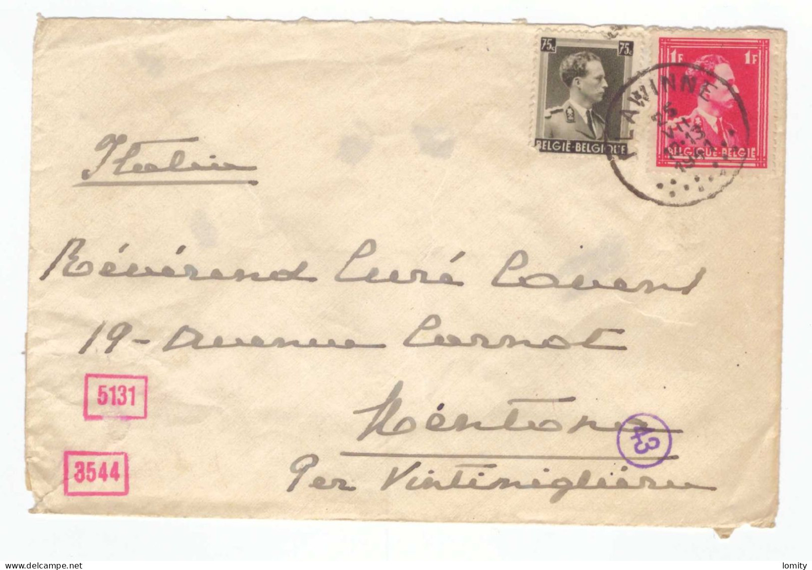 Lettre Occupation Italienne En France 1941 Menton Mentone Cachet Bandeau Censure Geoffnet Flawinne - Autres & Non Classés