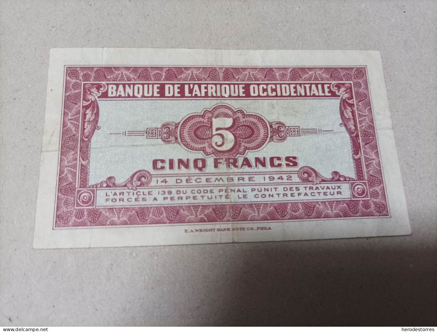 Billete África Occidental 5 Francs, Año 1942 - Other - Africa