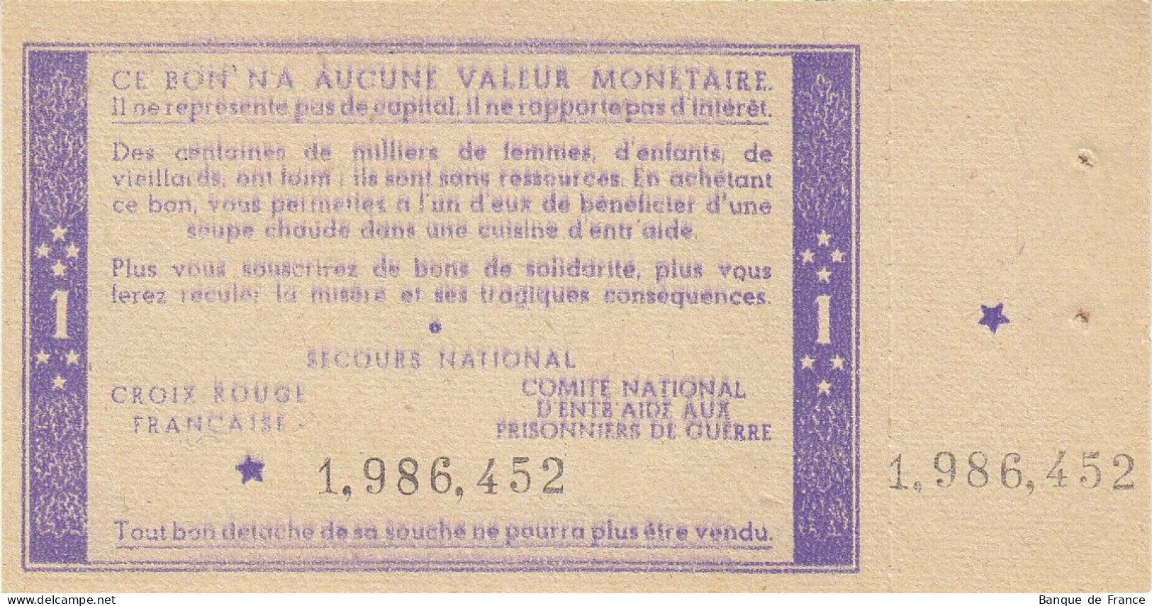 Bon De Solidarité France 1 Franc - Pétain 1941 / 1942 KL.02 Avec Souche - Bonds & Basic Needs