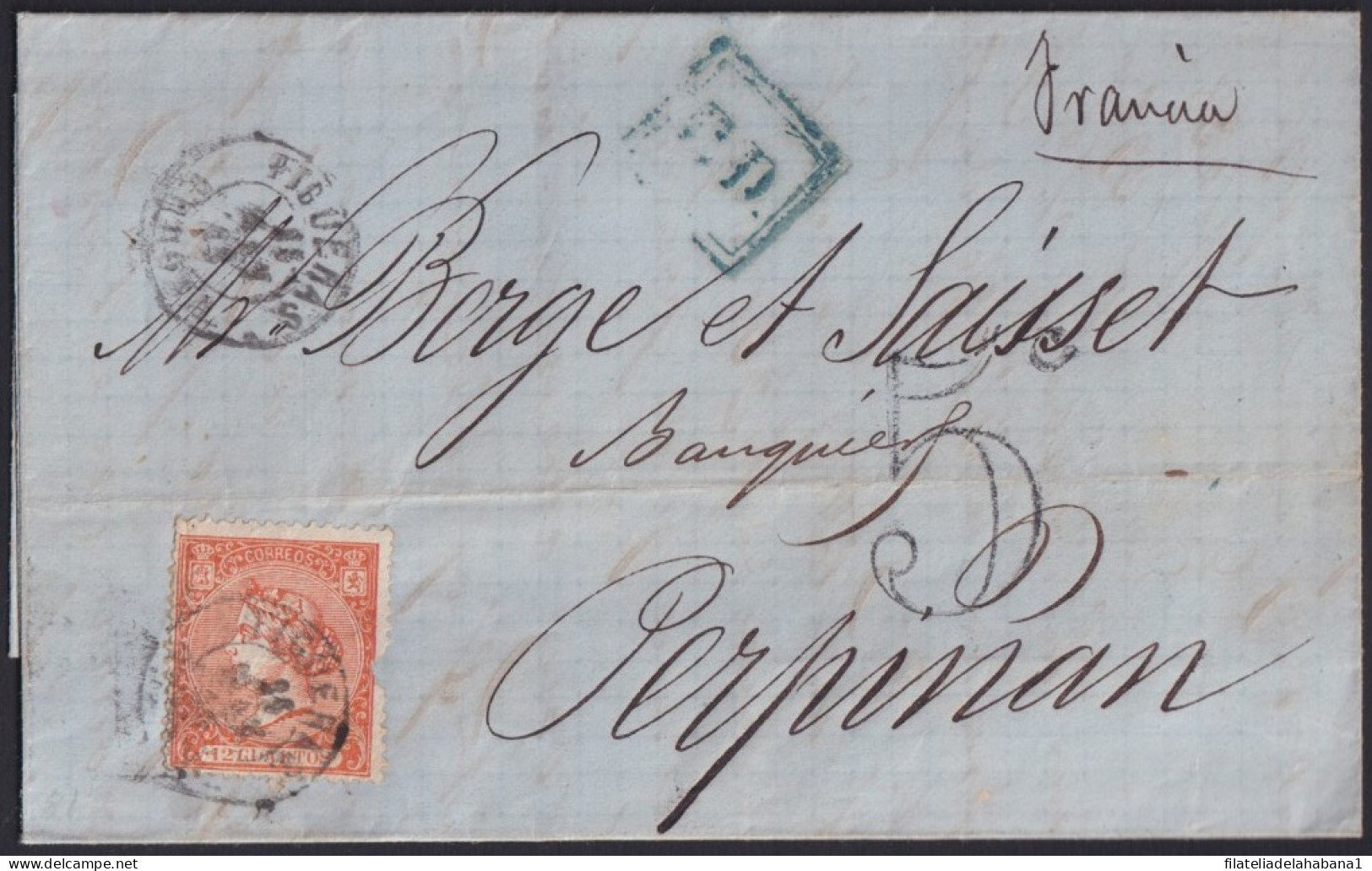 Z305 ESPAÑA SPAIN 1866 12cu FIGUERAS - PERPIGNAN, FRANCE. 5c DUE.  - Covers & Documents