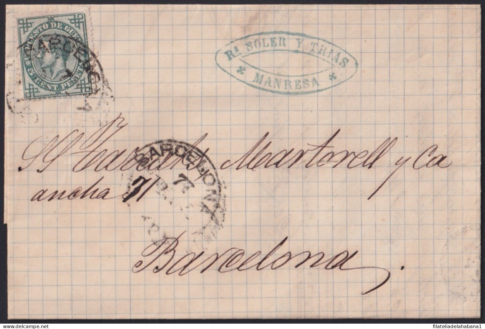 Z306 ESPAÑA SPAIN 1876 MANRESA TO BARCELONA WAR TAX 5c.  - Cartas & Documentos