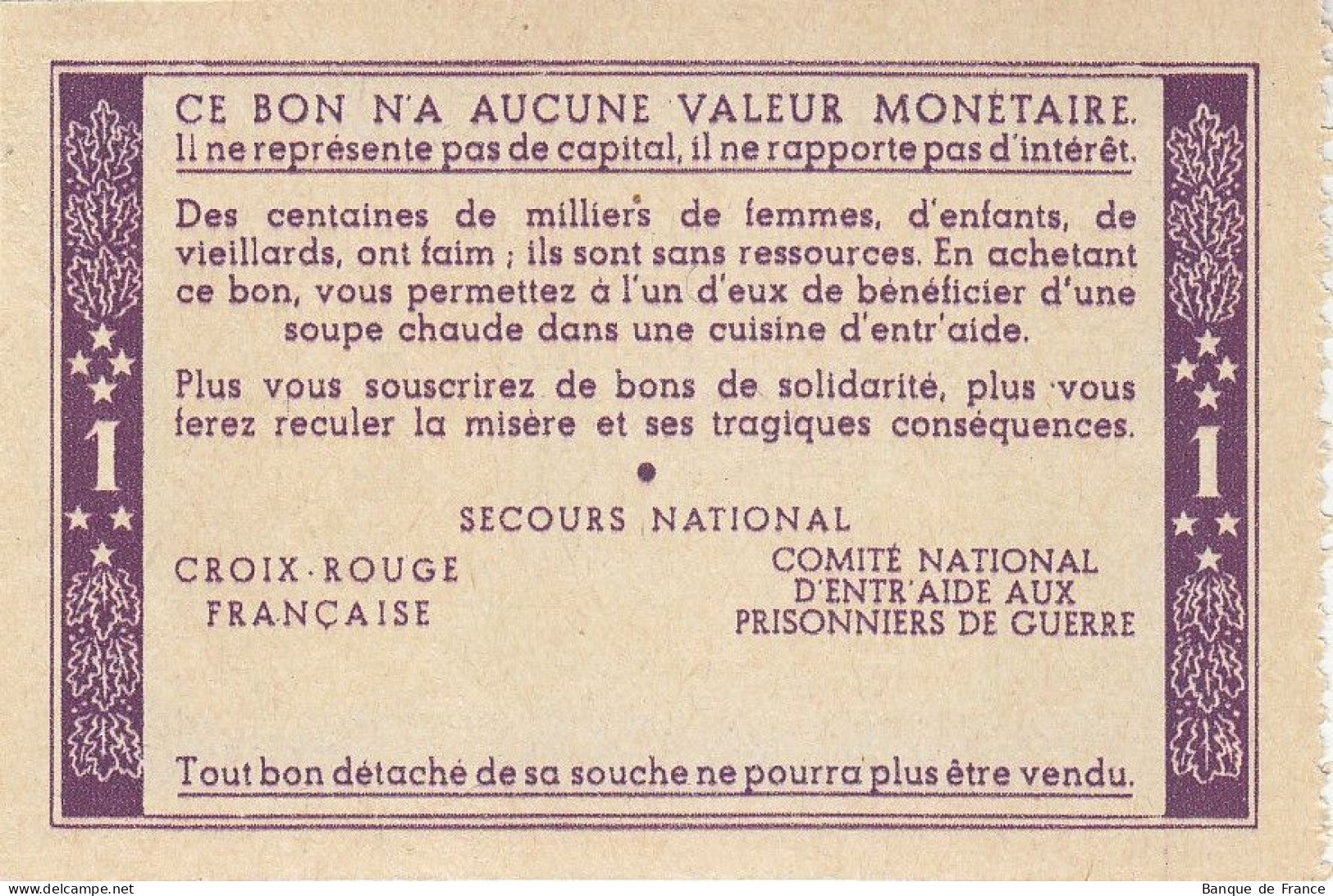 Bon De Solidarité France 1 Franc - Pétain 1941 / 1942 KL.02 - Bonds & Basic Needs