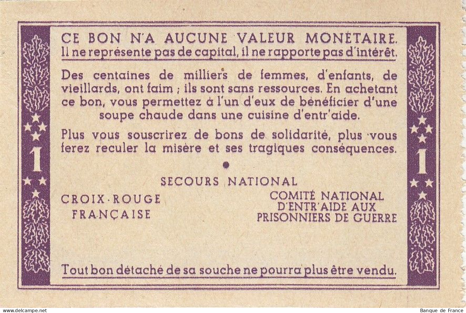 Bon De Solidarité France 1 Franc - Pétain 1941 / 1942 KL.02 - Bons & Nécessité