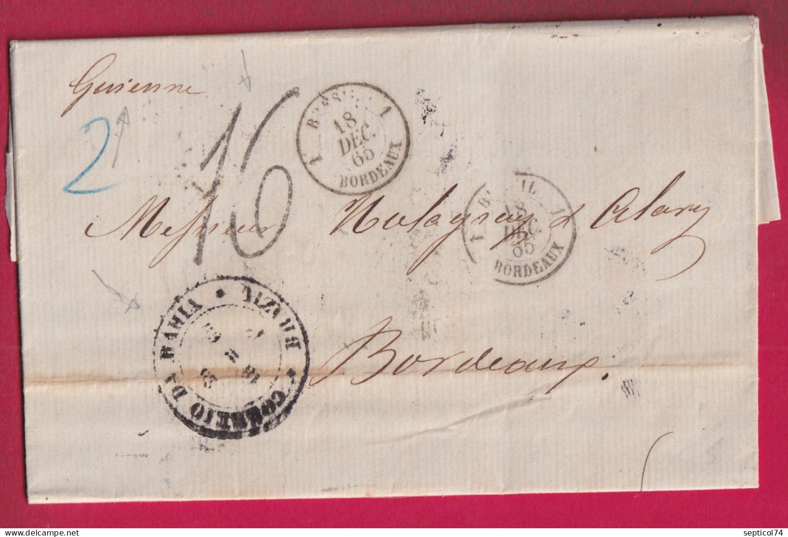 CAD CORREIO DA BAHIA BRAZIL 1865 NAVIRE GUIENNE ENTREE BORDEAUX 1 GIRONDE  POUR BORDEAUX LETTRE - Prephilately