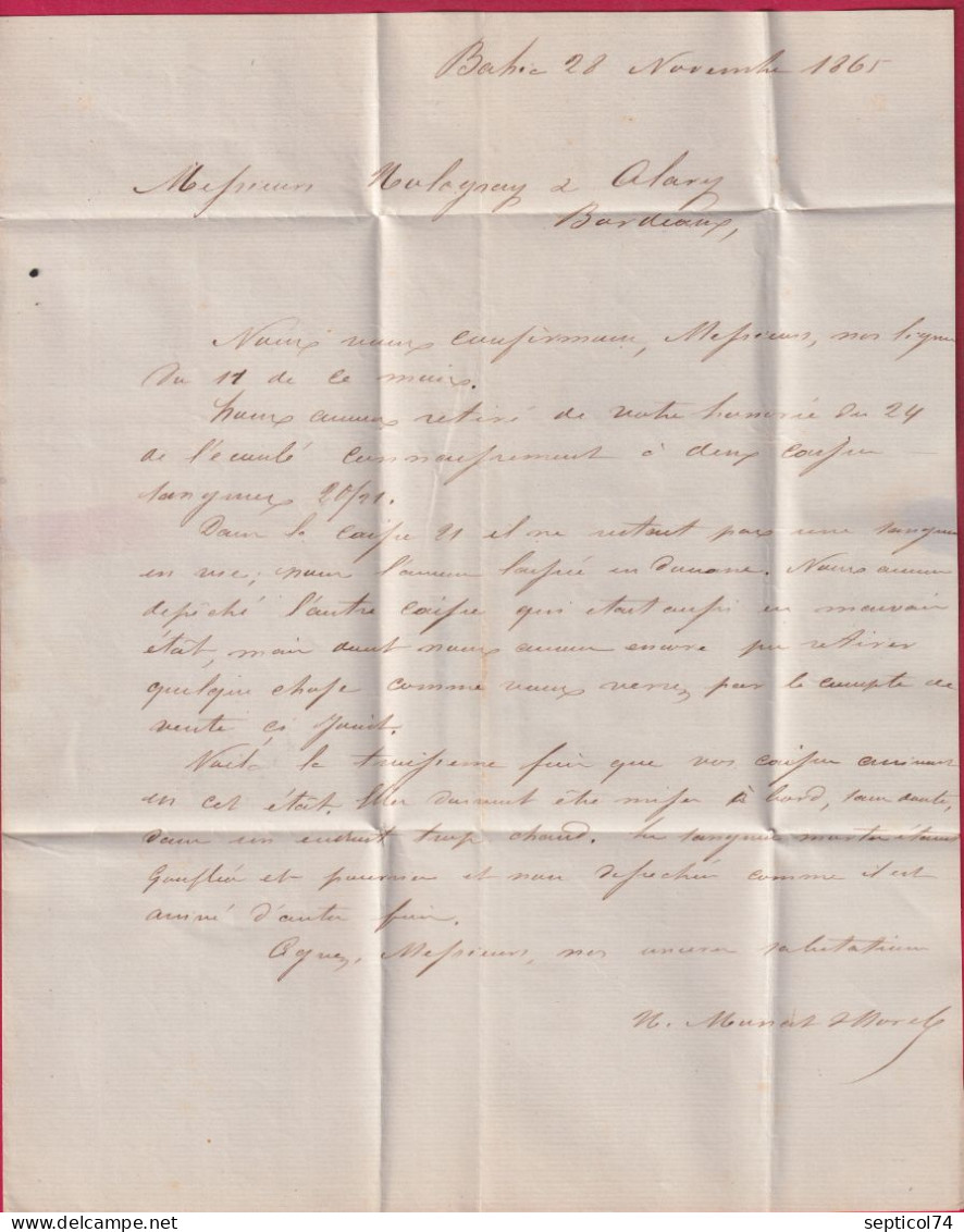 CAD CORREIO DA BAHIA BRAZIL 1865 NAVIRE GUIENNE ENTREE BORDEAUX 1 GIRONDE  POUR BORDEAUX LETTRE - Vorphilatelie