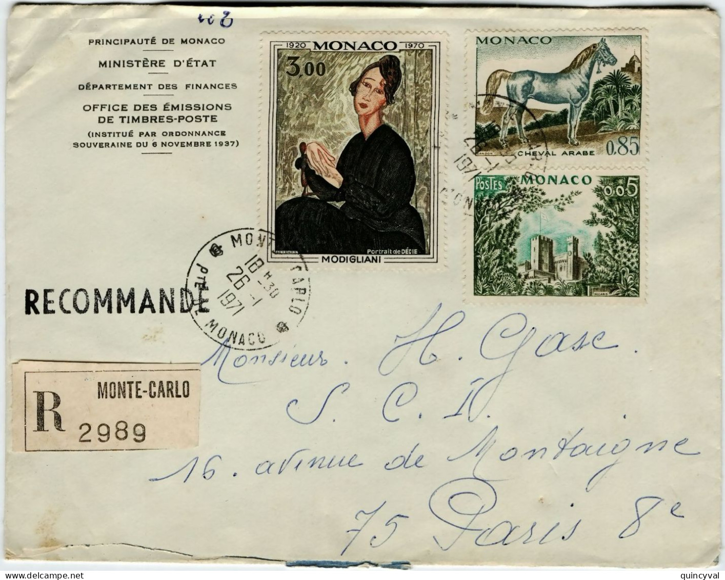 MONTE CARLO Lettre Recommandée Office TP 3 F Modigliani 85c Cheval ArabeYv 576 870 876 - Lettres & Documents