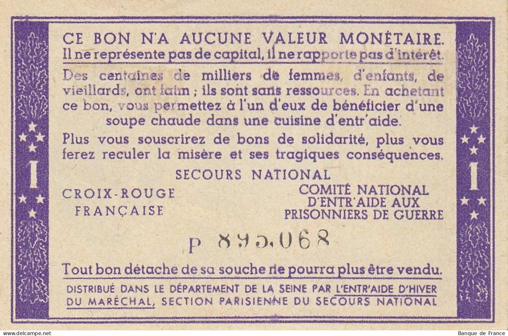 Bon De Solidarité France 1 Franc - Pétain 1941 / 1942 KL.02 Série P - Notgeld