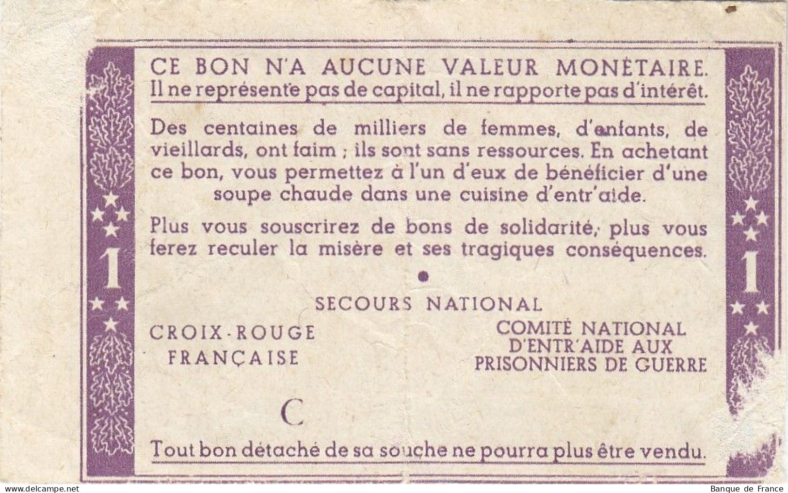 Bon De Solidarité France 1 Franc - Pétain 1941 / 1942 KL.02 Série C - Bonds & Basic Needs