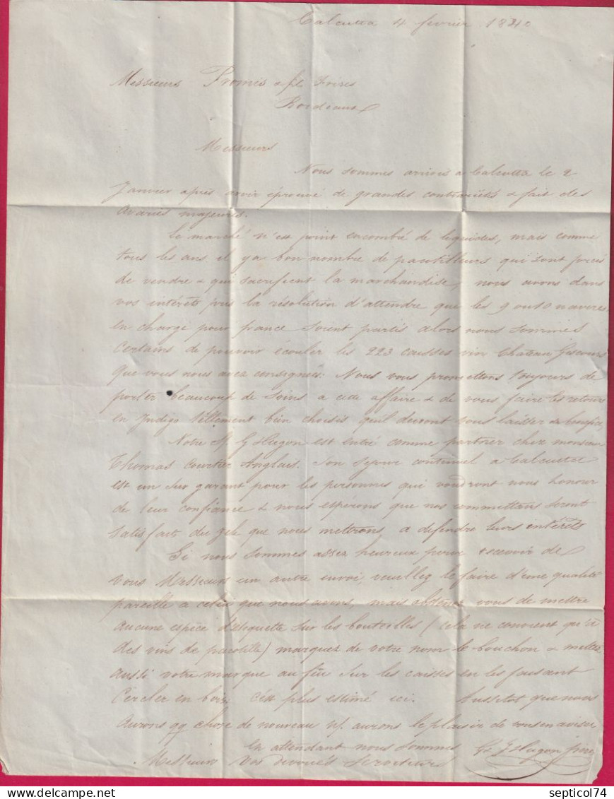 CALCUTTA INDE INDIA 1840 ENTREE OUTREMER PAUILLAC POUR BORDEAUX LETTRE - ...-1852 Préphilatélie